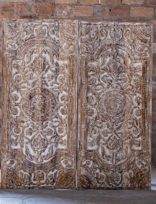 Whitewash Lotus Carved Sliding Barn Door, Holistic Wall Art, Headboard, Indian Door