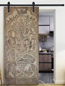  Blessing Ganesha Wall Sculpture, Ganesh Door, India Art, Limewash Custom Sliding Door, 83x36
