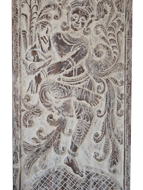 Vintage Sculpture, Krishna Wall Art, Carved Wood, Fluting Krishna on Lotus, Barndoor, 83