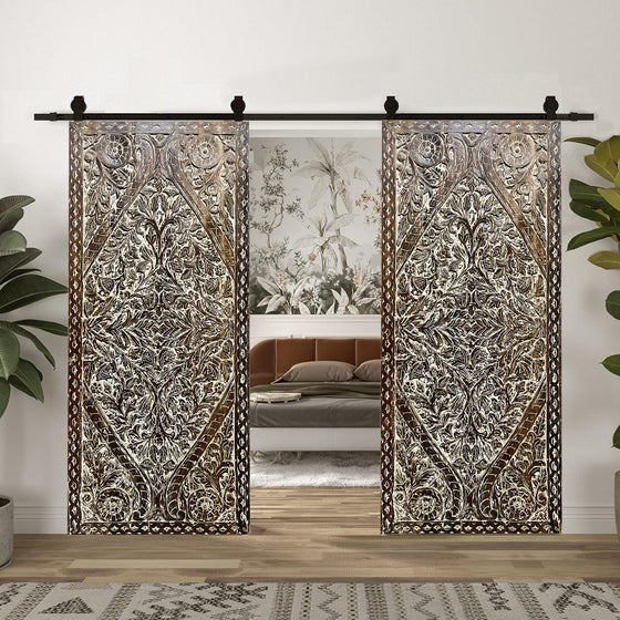 Lotus Pond Carved Sliding Door Vintage Bedroom Barn Door 