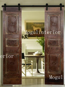  Vintage Double Door Brown Floral Carved Sliding Barn Door 80