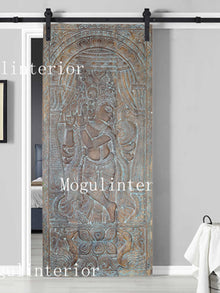 Vintage Hand Carved Fluting Krishna Carving, Black Barn Door, CUSTOM, Sliding Door, Wall Sculpture
