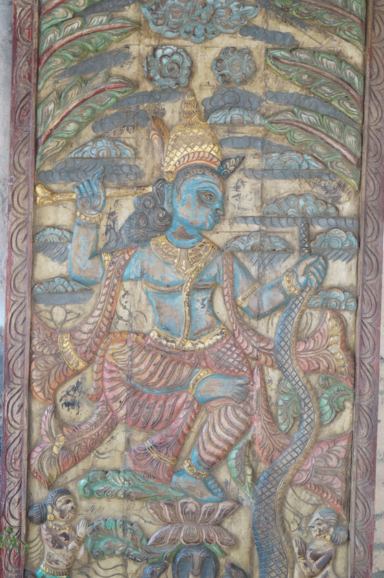Colorful Dancing Krishna Carved Wall Panel Wood Wall Accent Decor 83x36