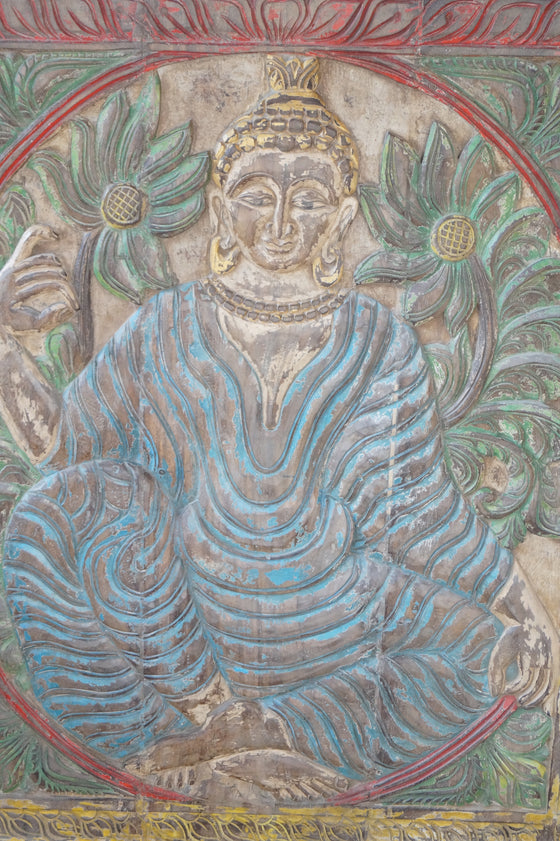 Vintage Buddha Carved Wall Decor Colorful Buddha Barn Door Wall Art 83X36