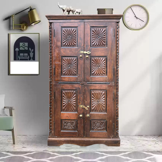 Antique Indian Armoire Hand Carved Storage Cabinet