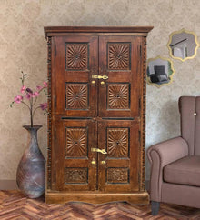  Antique Armoire Sunburst Carved Dark Wood Double Door Cabinet 66