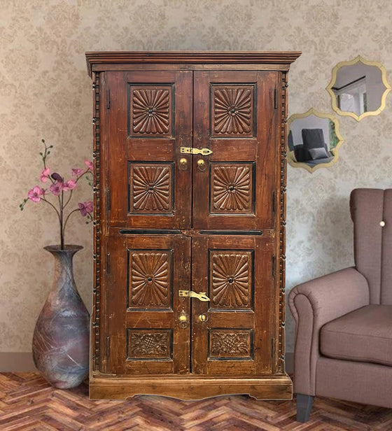 Antique Armoire Sunburst Carved Dark Wood Double Door Cabinet 66