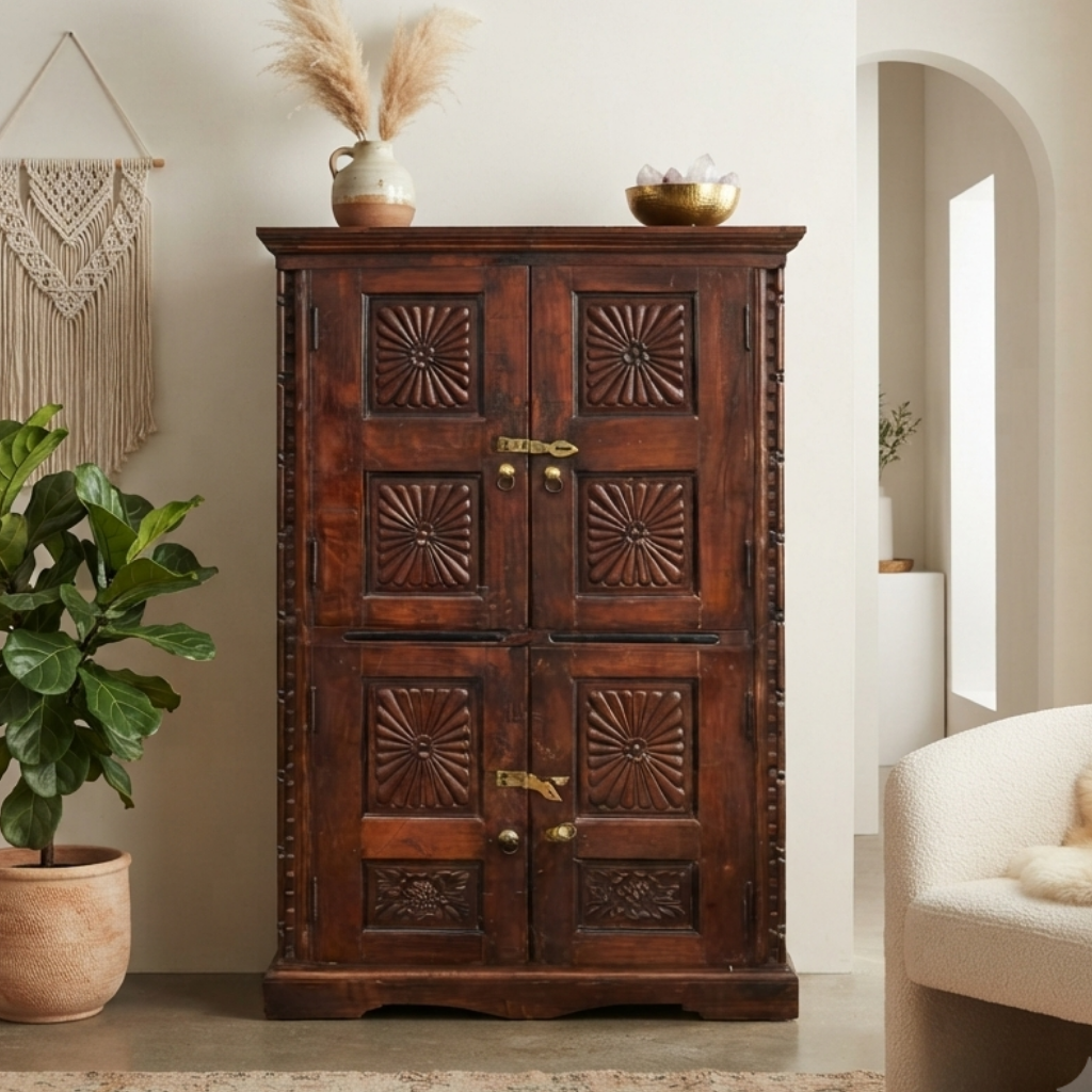 Antique Armoire Sunburst Carved Dark Wood Double Door Bedroom Cabinet 66