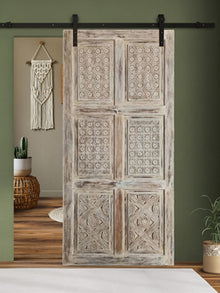  Nature Carved Doors, Whitewash Carved Sliding Barn Door, Interior Door,96