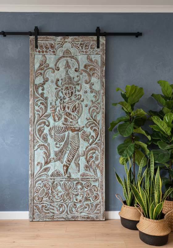 Vintage Krishna Carved Wall Art Reclaimed Wood Temple Decor Panel