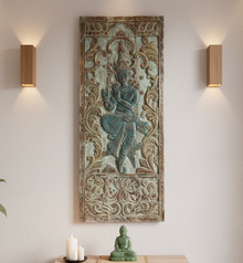  Vintage Krishna Carved Wall Art Blue Reclaimed Wood Temple Decor Wall Sculpture 
