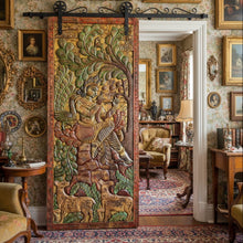  Vintage Carved Fluting Krishna with Deer Wood Wall Art Colorful Indian Door 83x36