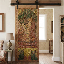  Fluting Krishna: A Melody of Love in Carved Wood - Vintage Indian Door Panel 83x36