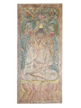 Vintage Wall Accent Carved Wood Buddha Colorful Decorative Panel 83x36