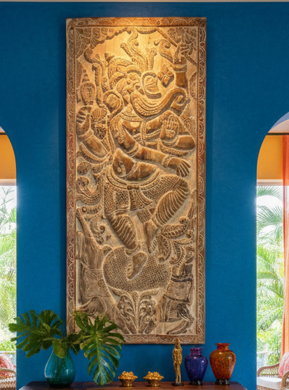 Vintage Carved Wall Art Panel Dancing Ganesha Wall Sculpture Wall Decor 
