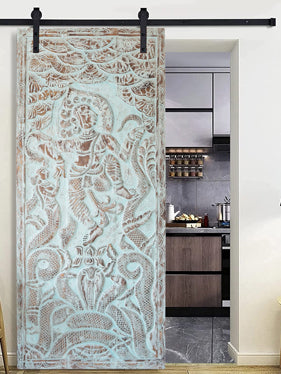 Vintage Blue Indian Carved Door, Krishna dancing on Kaliya, Wall Sculpture