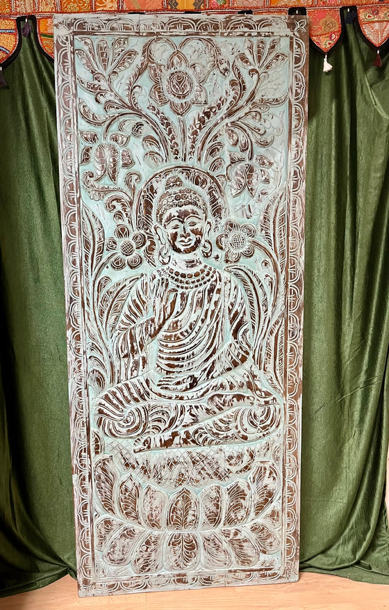 Blue Carved Wall Decor Wooden Vitarka Buddha Sliding Barn Door 83x36