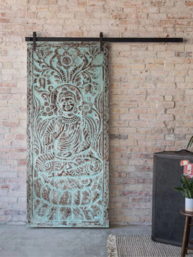 Blue Carved Wall Decor Wooden Vitarka Buddha Sliding Barn Door 83x36