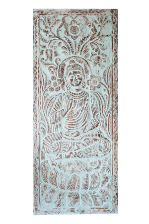Blue Carved Wall Decor Wooden Vitarka Buddha Sliding Barn Door 83x36
