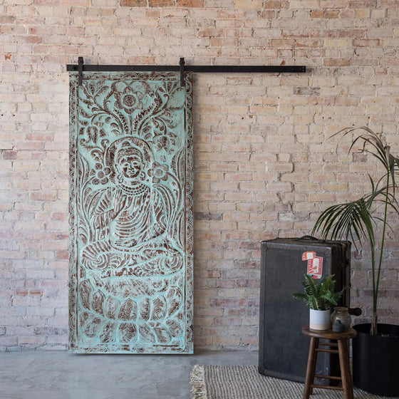 Blue Carved Wall Decor Wooden Vitarka Buddha Sliding Barn Door