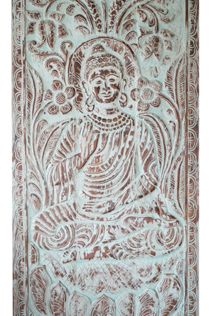 Blue Carved Wall Decor Wooden Vitarka Buddha Sliding Barn Door 83x36