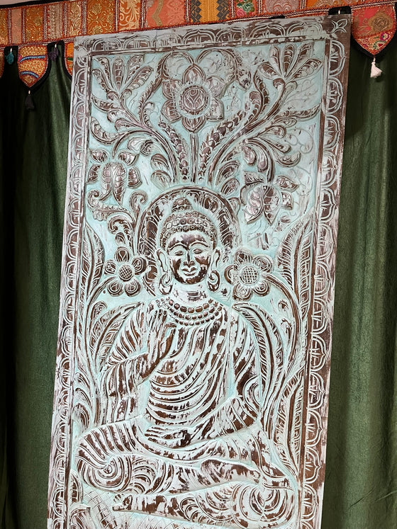 Blue Carved Wall Decor Wooden Vitarka Buddha Sliding Barn Door 83x36