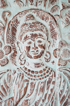 Blue Carved Wall Decor Wooden Vitarka Buddha Sliding Barn Door 83x36