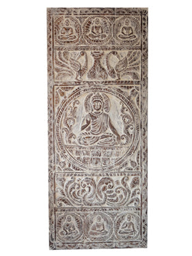 Buddha Wall Art, Artistic Carved Doors, Vintage Whitewashed Budha Mudras Door