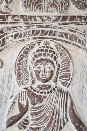 Buddha Wall Art, Artistic Carved Doors, Vintage Whitewashed Budha Mudras Door