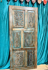 Blue Carved Door Wood Hand Carved Door Vintage Closet Barn Door 80x36