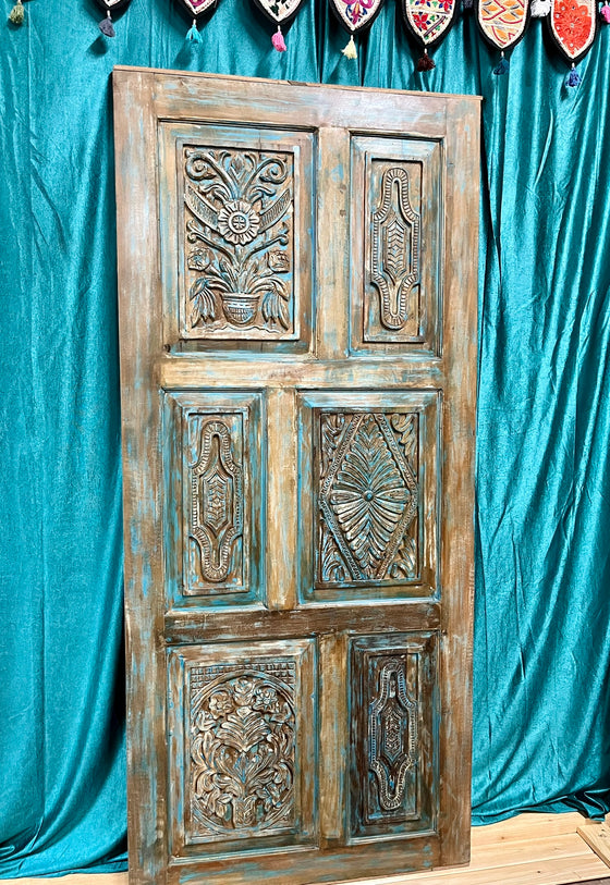 Blue Carved Door Wood Hand Carved Door Vintage Closet Barn Door 80x36