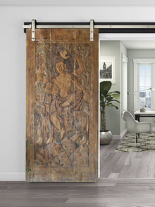  Vintage Carved Shiva Riding Nandi Accent Wall Decor Sliding Barn Door 84x41