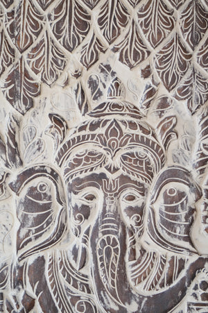 Vintage White Ganesha Tree of Life Carved Door Wall Art Décor 84x41