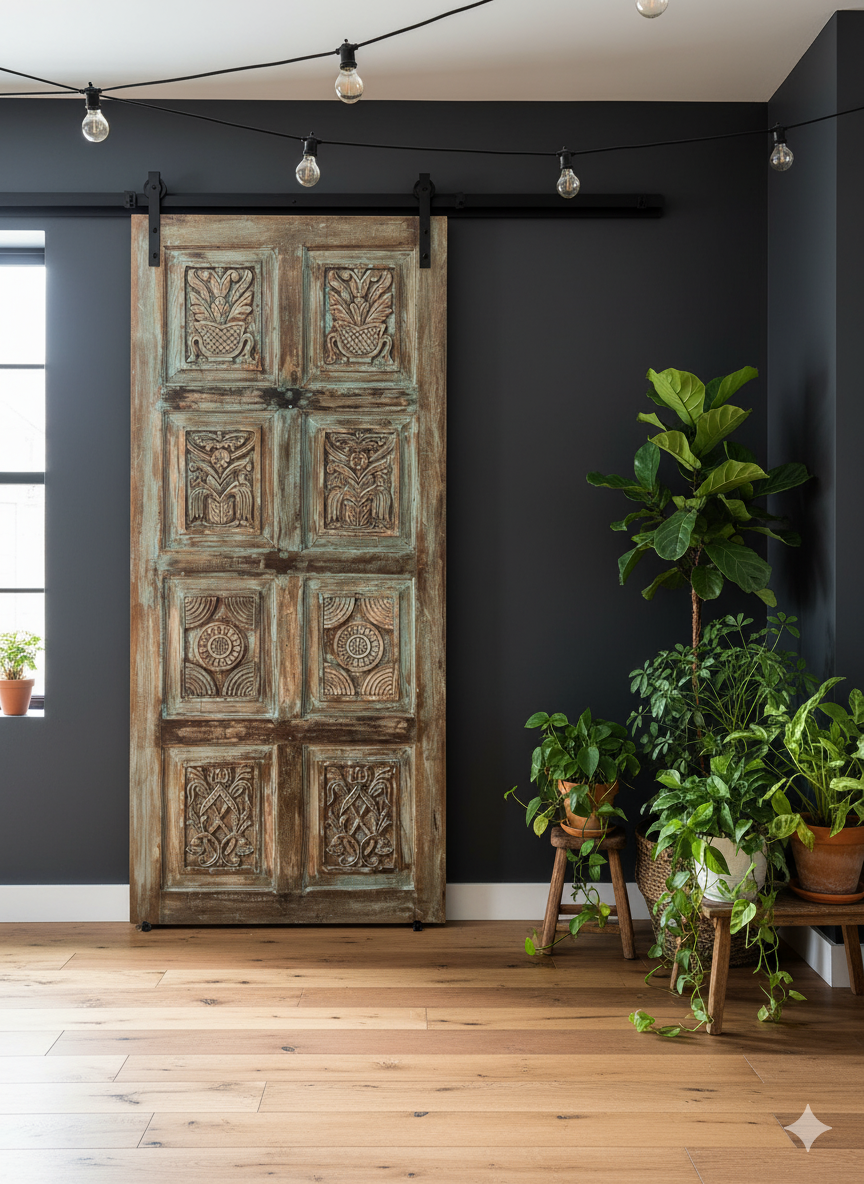  Vintage Artisan Carved Door Green Reclaimed Wood Barn Door Panel 