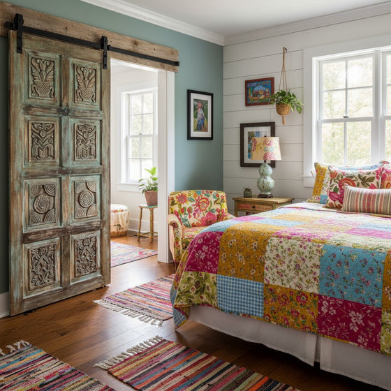 Vintage Artisan Carved Door Green Reclaimed Wood Barn Door Panel 