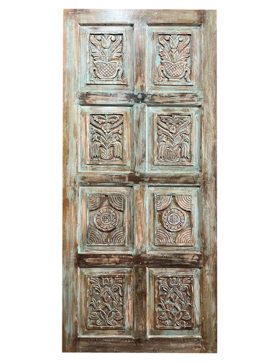Vintage Artisan Carved Door Green Reclaimed Wood Barn Door Panel 