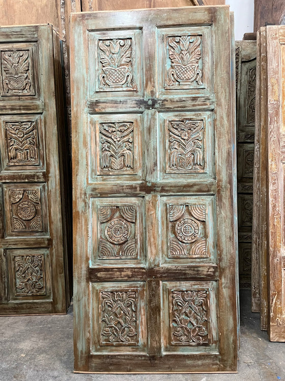 Vintage Artisan Carved Door Green Reclaimed Wood Barn Door Panel 