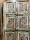 Vintage Artisan Carved Door Green Reclaimed Wood Barn Door Panel 
