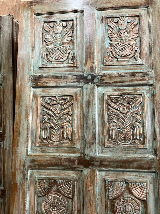 Vintage Artisan Carved Door Green Reclaimed Wood Barn Door Panel 