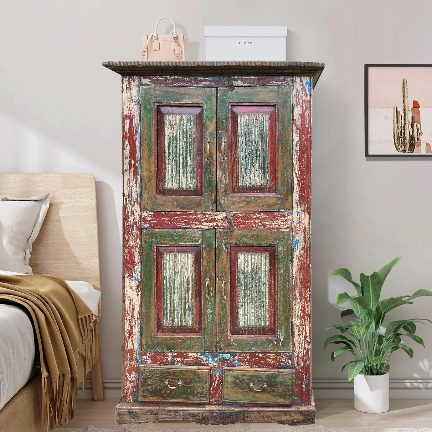 Vintage Carved Armoire Storage Wardrobe Red Rustic Farmhouse Cabinet 70