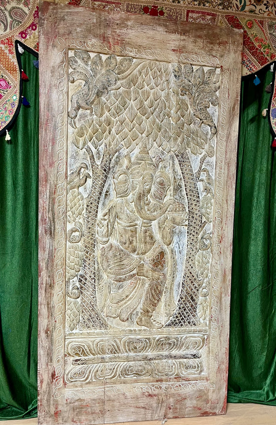 Vintage Kalpavriksha Dancing Ganesha Wall Panel Carved Wood Barn Door 84x41