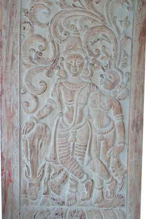 Dusty Blue Radha Krishna Carved Wood Wall Panel Art Sliding Barn Door 84x41