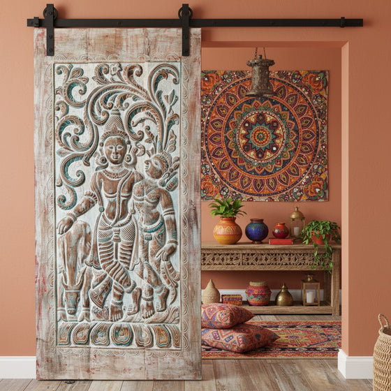 Radha Krishna Carved Wood Wall Art Blue Vintage Barn Door Wall Panel 
