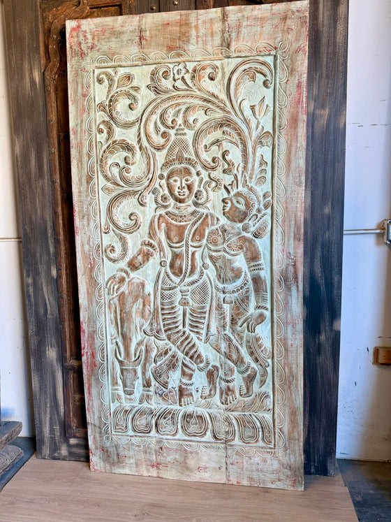 Radha Krishna Carved Wood Wall Art Blue Vintage Barn Door Wall Panel 