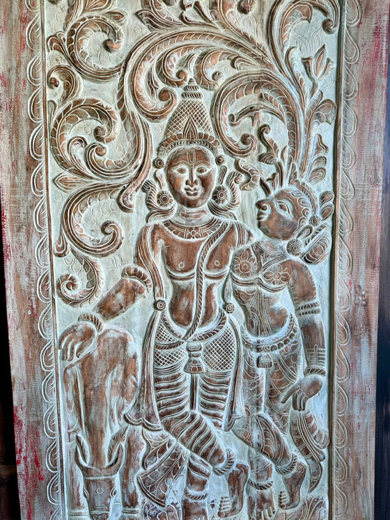 Radha Krishna Carved Wood Wall Art Blue Vintage Barn Door Wall Panel 