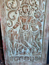 Radha Krishna Carved Wood Wall Art Blue Vintage Barn Door Wall Panel 