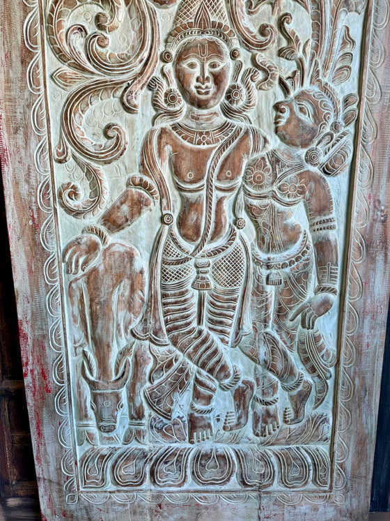 Radha Krishna Carved Wood Wall Art Blue Vintage Barn Door Wall Panel 