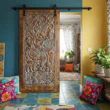  Vintage Indian Carved Door – Fluting Krishna Temple Barn Door Wooden Panel 