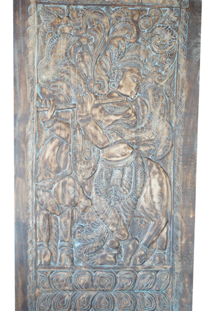 Krishna Carved Door, Bluewash Wall Art, Custom, Barndoor 84x42