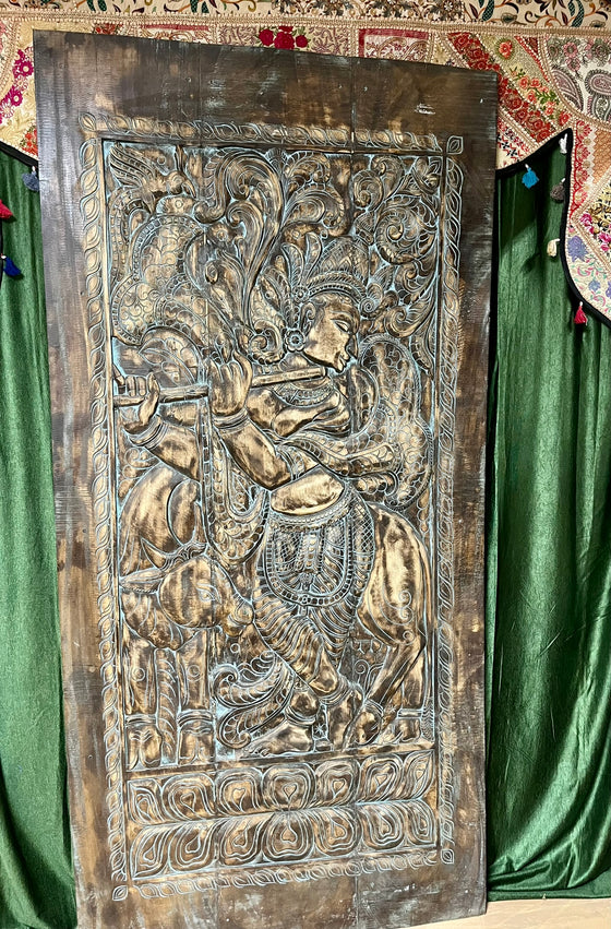 Krishna Carved Wall Panel Barn Door Brown Reclaimed Wood Home Wall Art